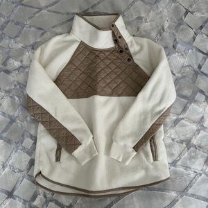 Abercrombie & Fitch Asymmetrical Fleece.  Cream and Brown Vegan Leather.  Large.